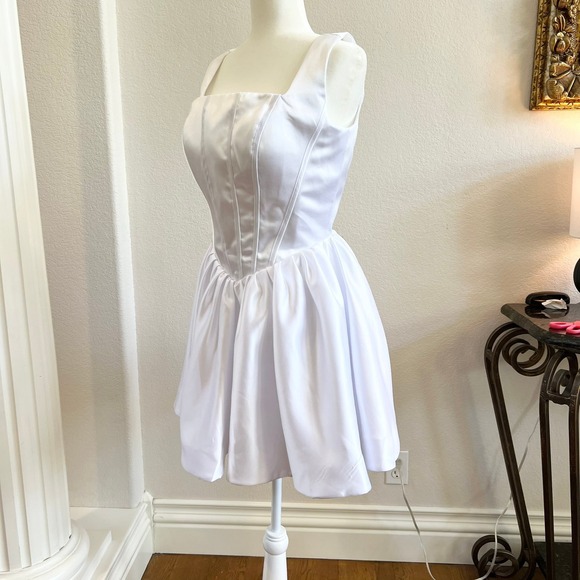 White Satin Corset Fit and Flare Mini Dress Bachelorette Party Bridal Graduation - Picture 4 of 13